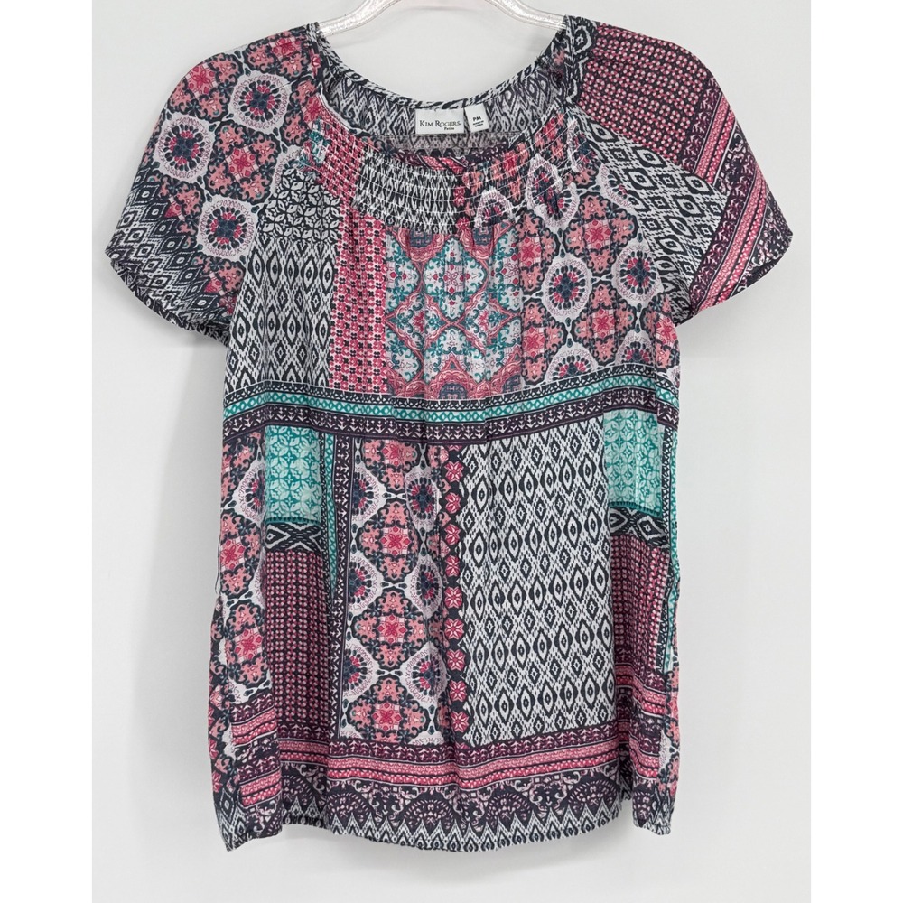 Kim Rogers Petite Pink Teal Patchwork Smocked Neck Short Sleeve Blouse Top Sz PM